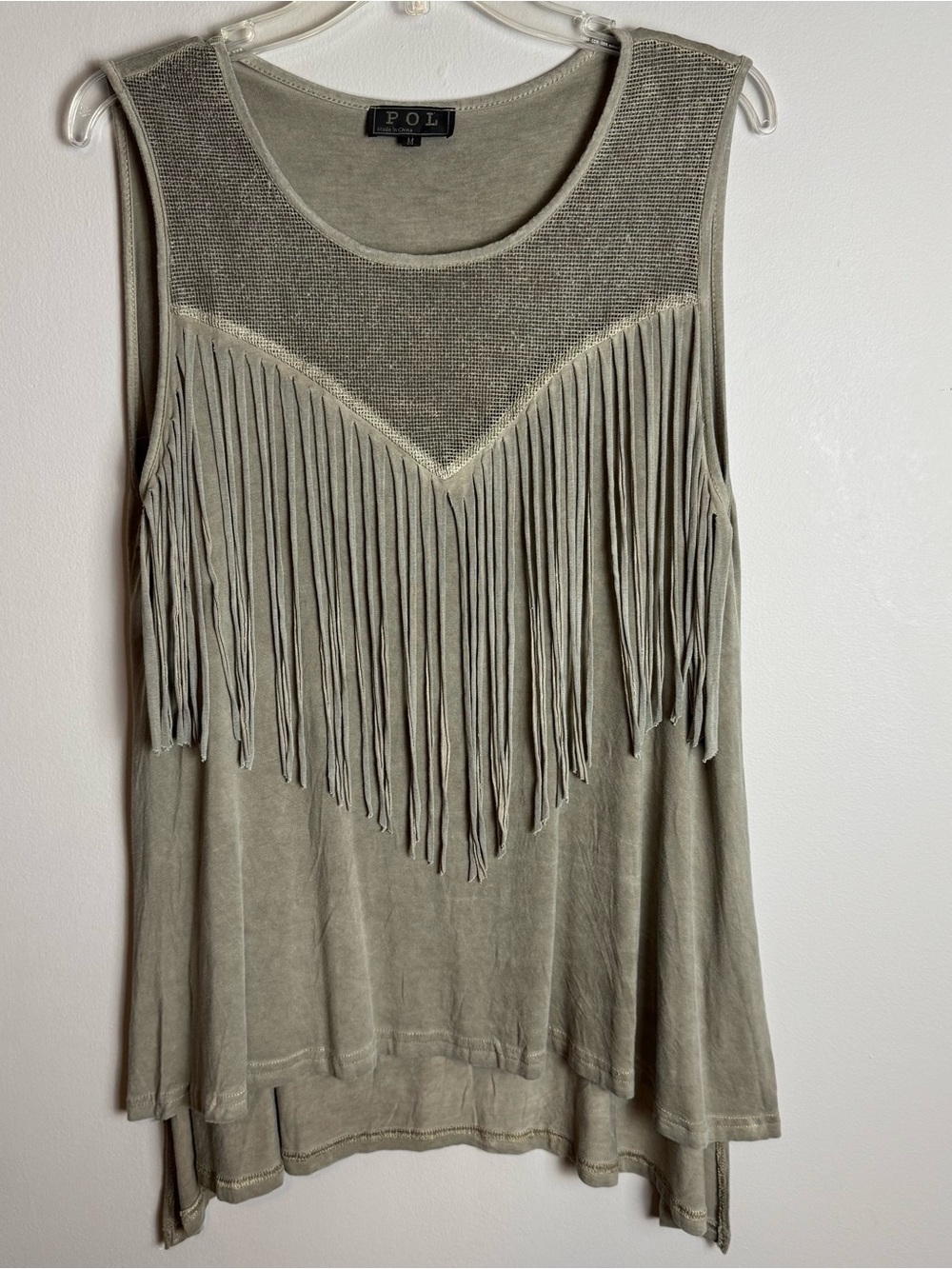 POL Asymmetrical Olive Grey Fringe  Sleeveless Tank Top Size Medium Western